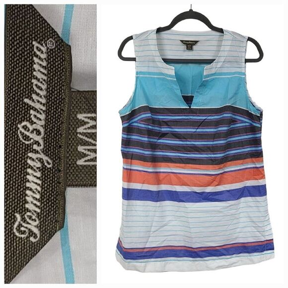 Tommy Bahama Ladies Aqua Blue Seaside Stripe Sleeveless Tunic Blouse Summer Top - Picture 1 of 11